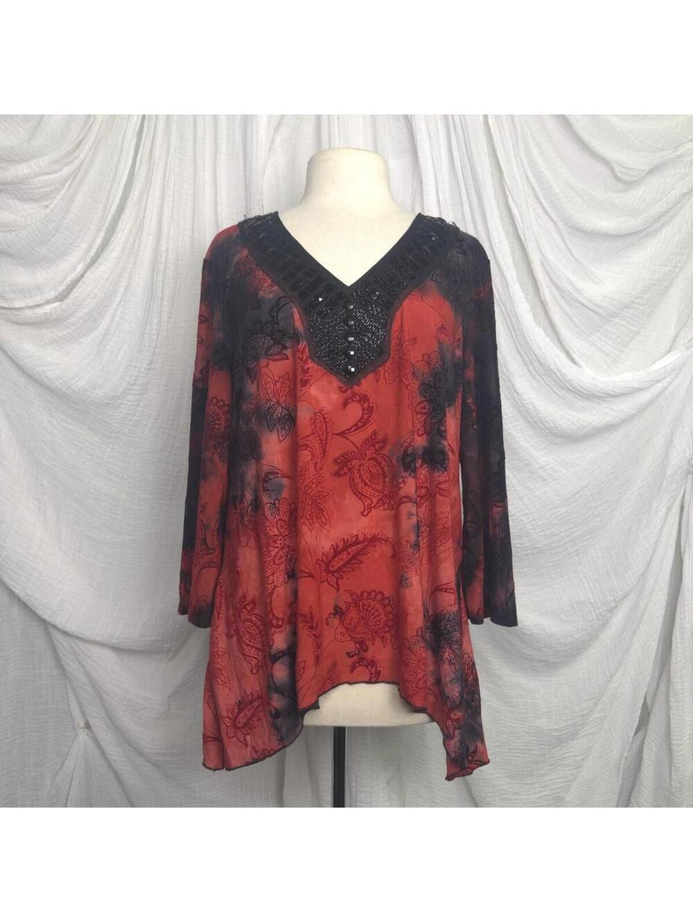 Indie Boho Red and Black Long Sleeve V-Neck Beaded Blouse